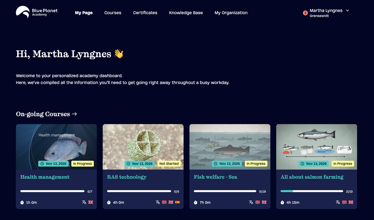 The BluePlanet Academy dashboard in DLearn, showing a personal welcome message and a row of ongoing courses with progress indicators.